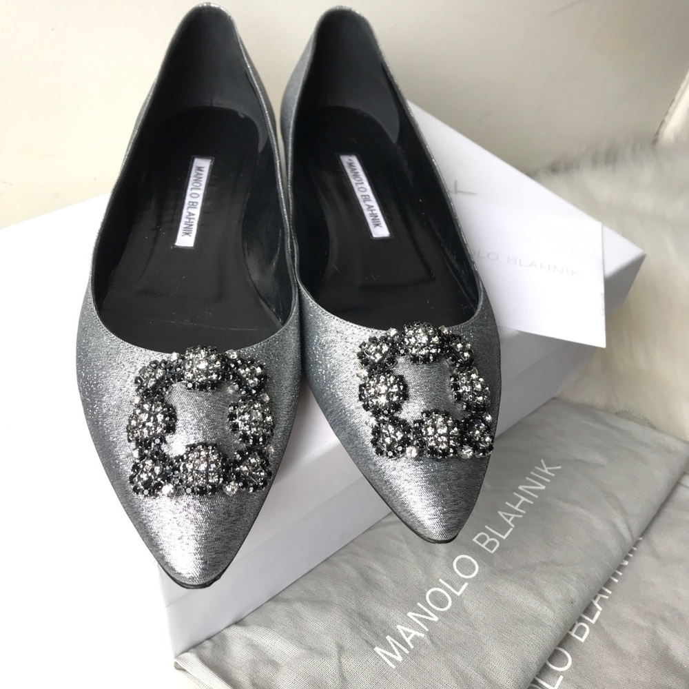 Manolo Blahnik Hangisi Flats Silver 39.5EU